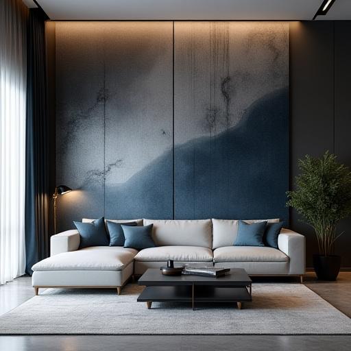 Un ambiente moderno con una parete rivestita in carta da parati della Collezione Astratta, caratterizzata da linee dinamiche e una palette di grigi e blu profondi.