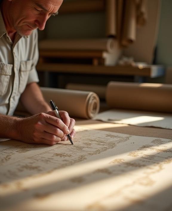 Artigiano al lavoro nel laboratorio di Riviera Carta a Genova, con attenzione al dettaglio e materiali di pregio.